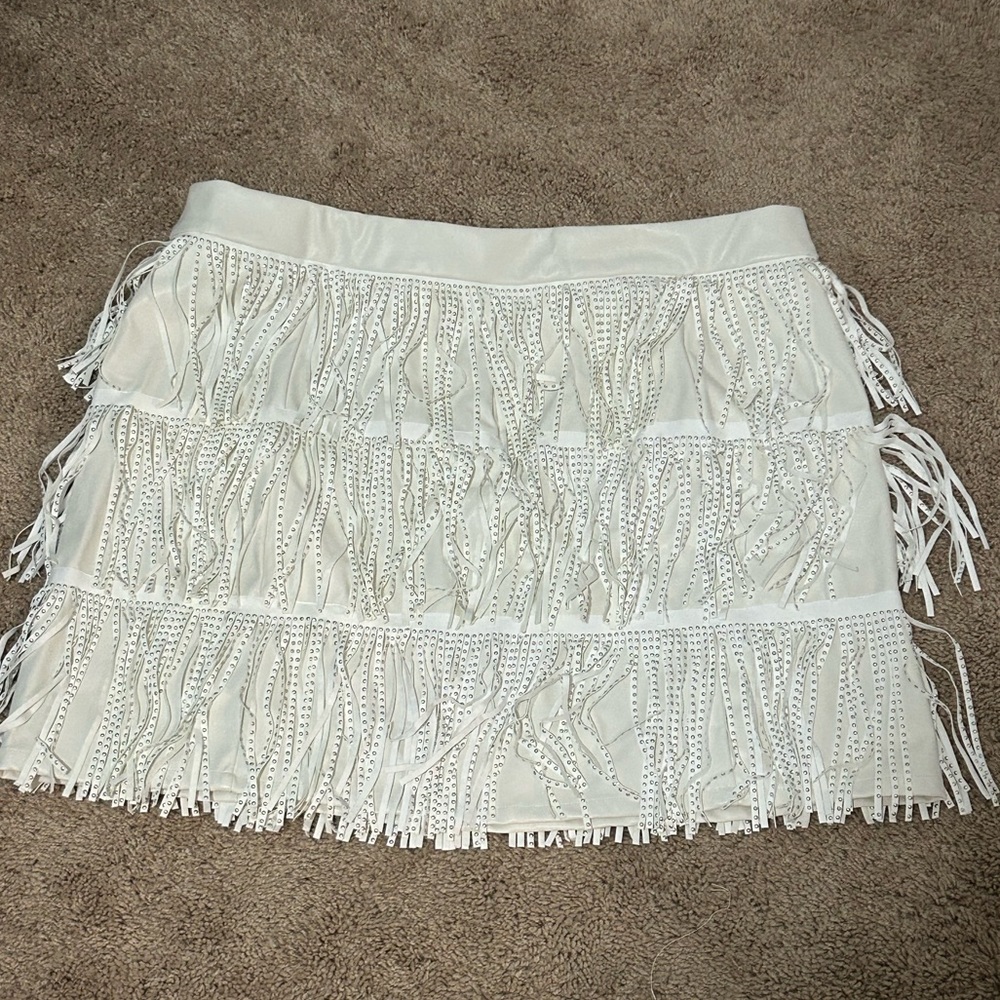 NWT Baevely Faux Leather Off white Fringe Skirt